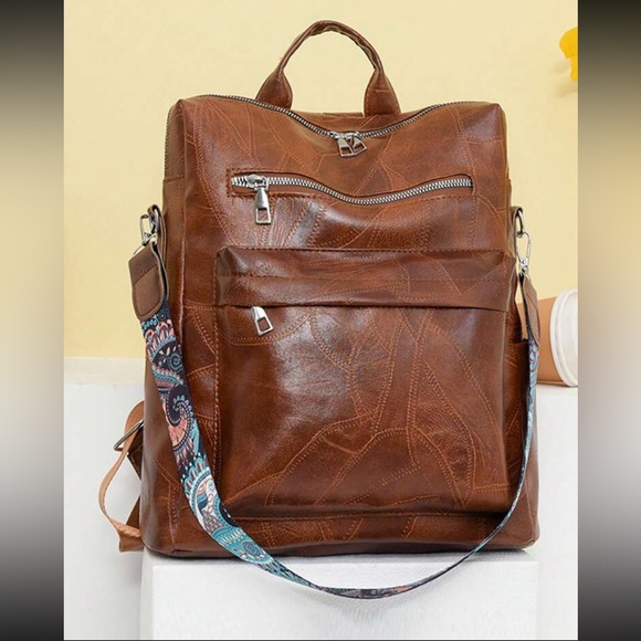 Handbags - Brown Convertible Backpack Purse – Faux Leather – Multi Pocket